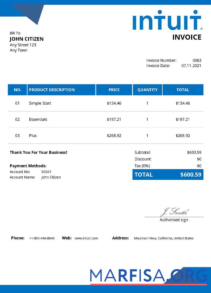 Realistic USA Intuit invoice template